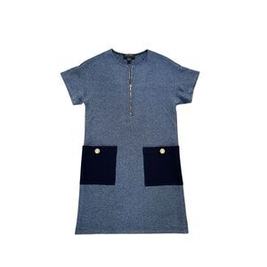 St John Chic Boucle Wool Blend knit dress 3/4 Zip Pockets Navy Tweed Size S USA